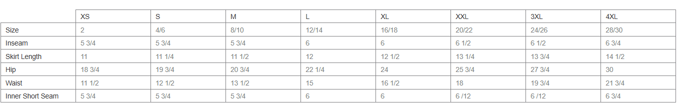 size chart for The Artemis Skort