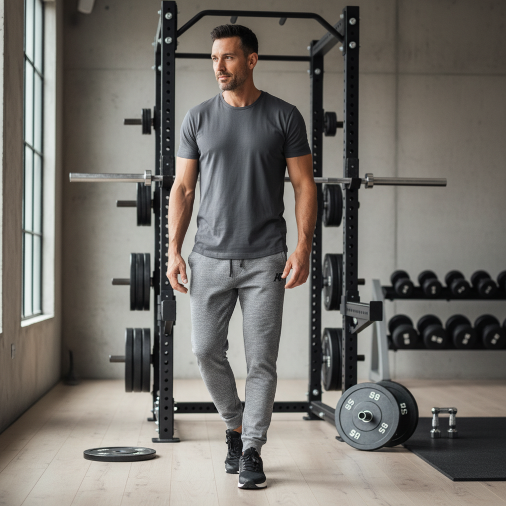 Atlas Form The Hermes Jogger in Charcoal Heather, minimalist men’s athletic joggers with black AF logo on the right thigh, worn in a modern gym setting with focus on the joggers.
