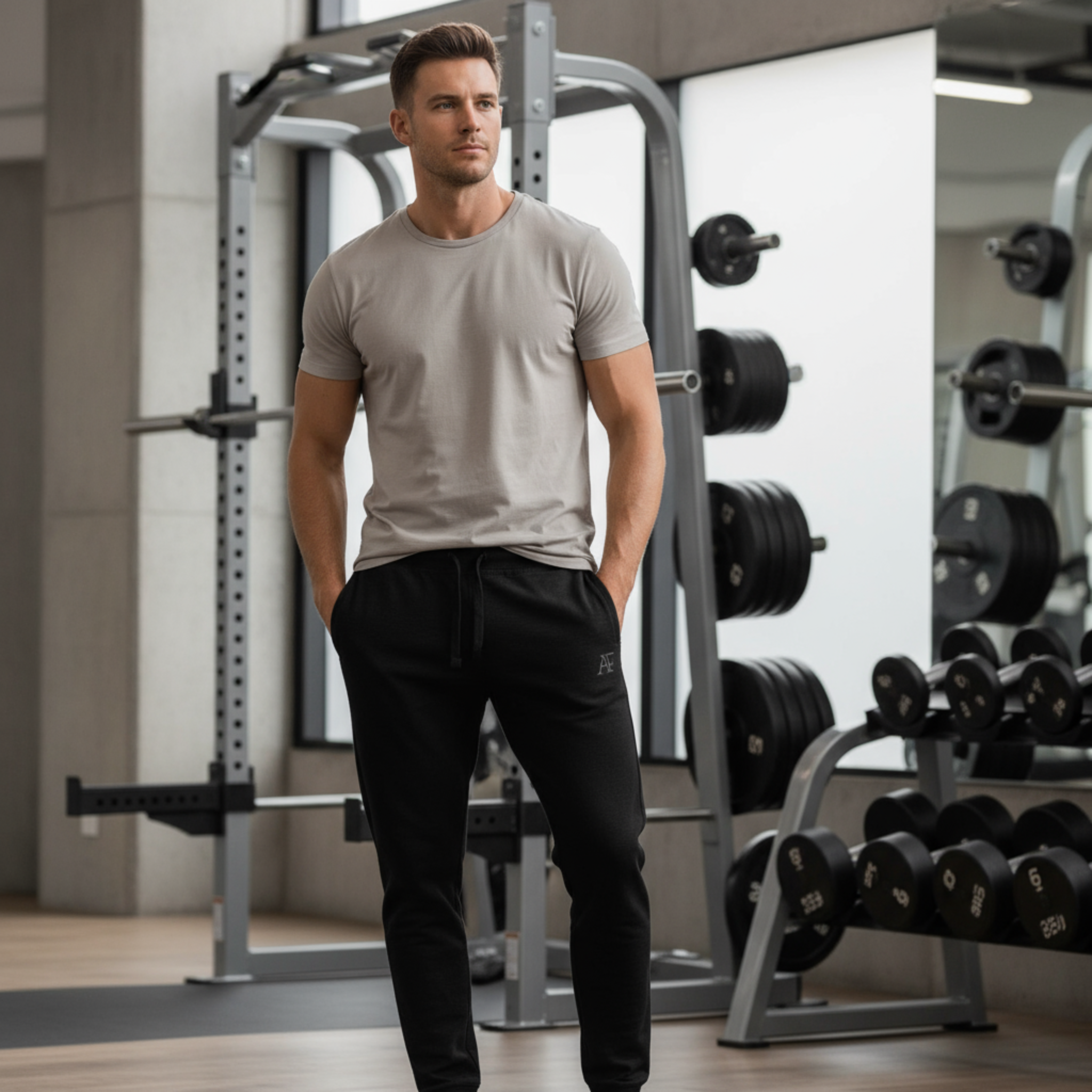 Atlas Form The Hermes Jogger in black, minimalist men’s athletic joggers with tonal black AF logo on the right thigh, worn in a modern gym setting with focus on the joggers.