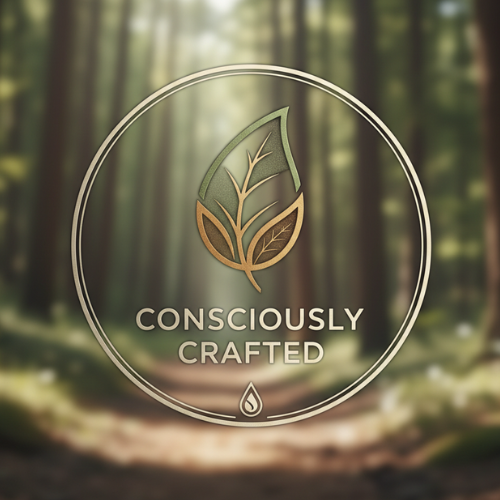 Logo with leaf design and 'Consciously Crafted' text over a forest background
