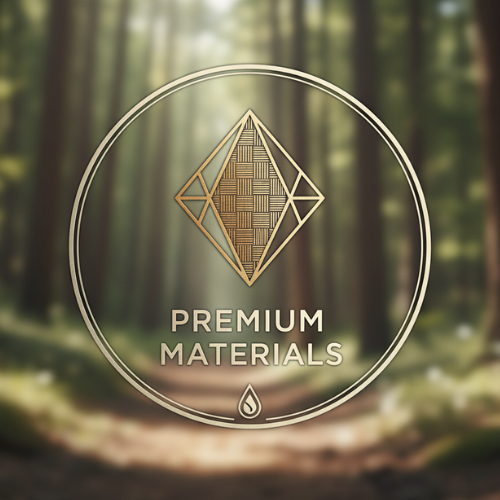 Logo with 'Premium Materials' text and woven design against a forest background