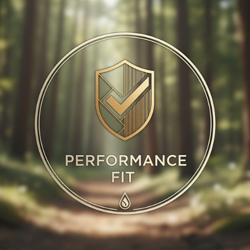 Logo with 'Performance Fit' text and shield emblem against a forest background