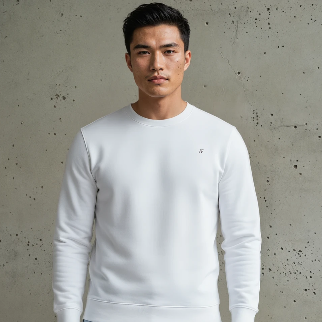 Man wearing a white Helios Crew sweatshirt and light blue jeans against a gray background