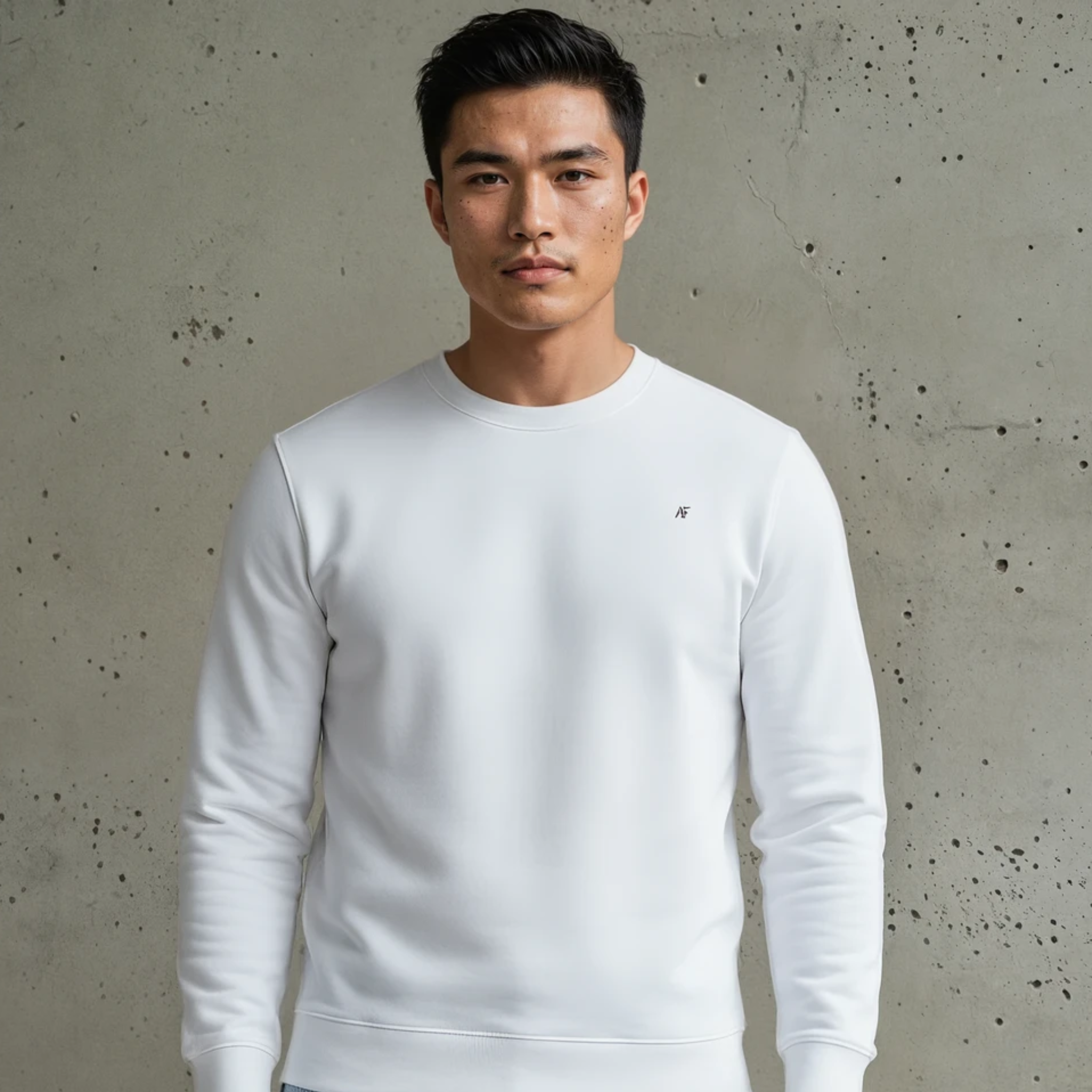 Man wearing a white Helios Crew sweatshirt and light blue jeans against a gray background