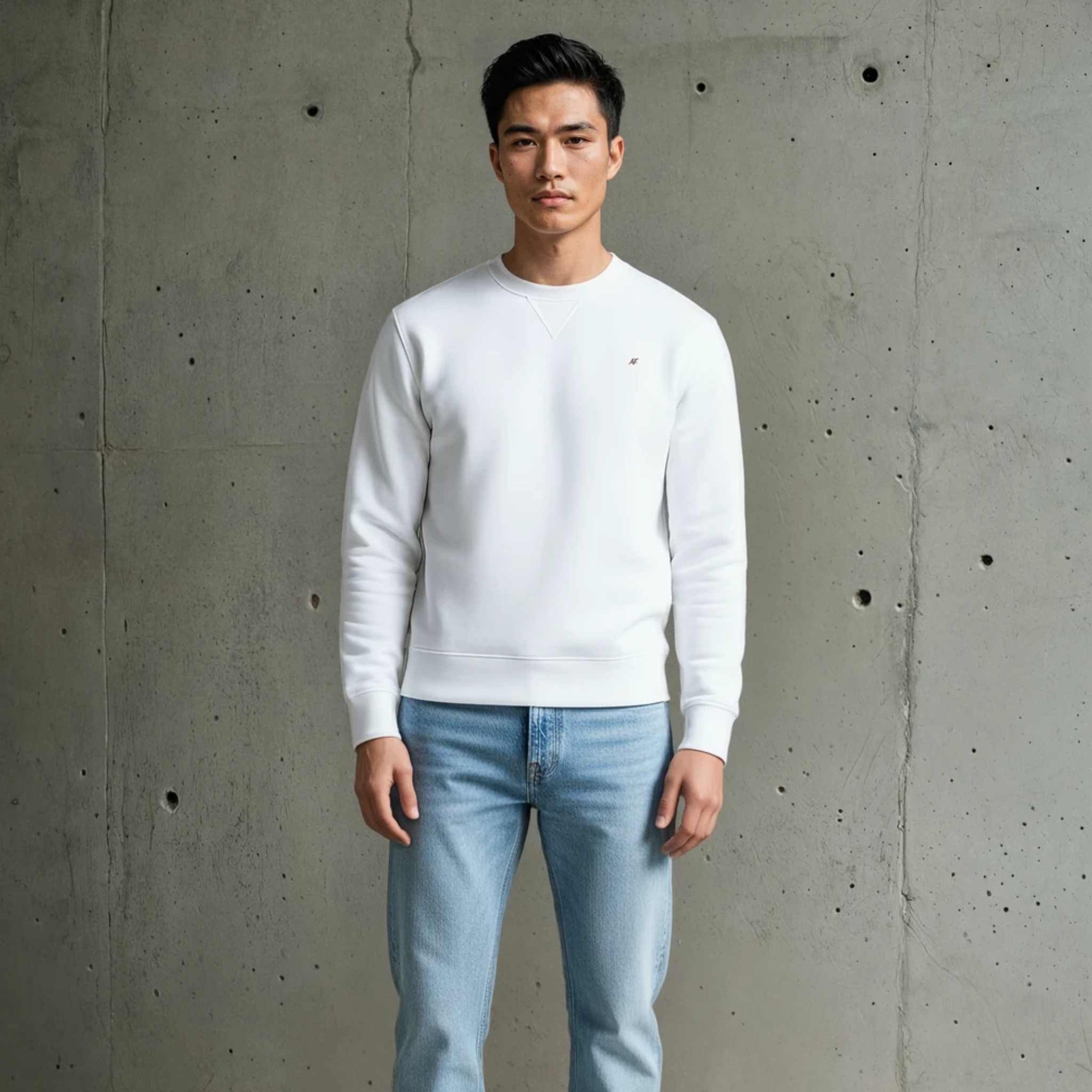 A man wearing a white Helios Crew sweatshirt and light blue jeans is standing against a concrete wall.
