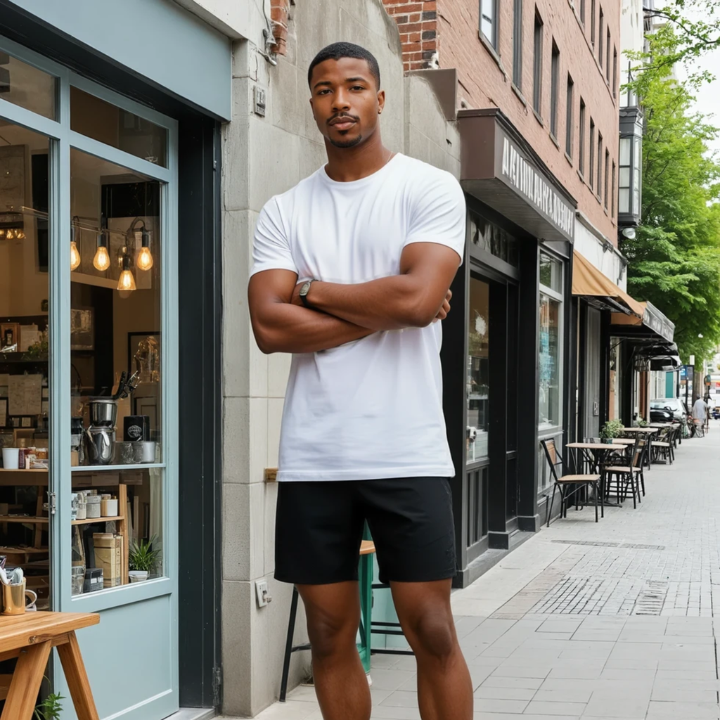 A man standing on a city street wearing the Apollo Shorts with a cafe in the background