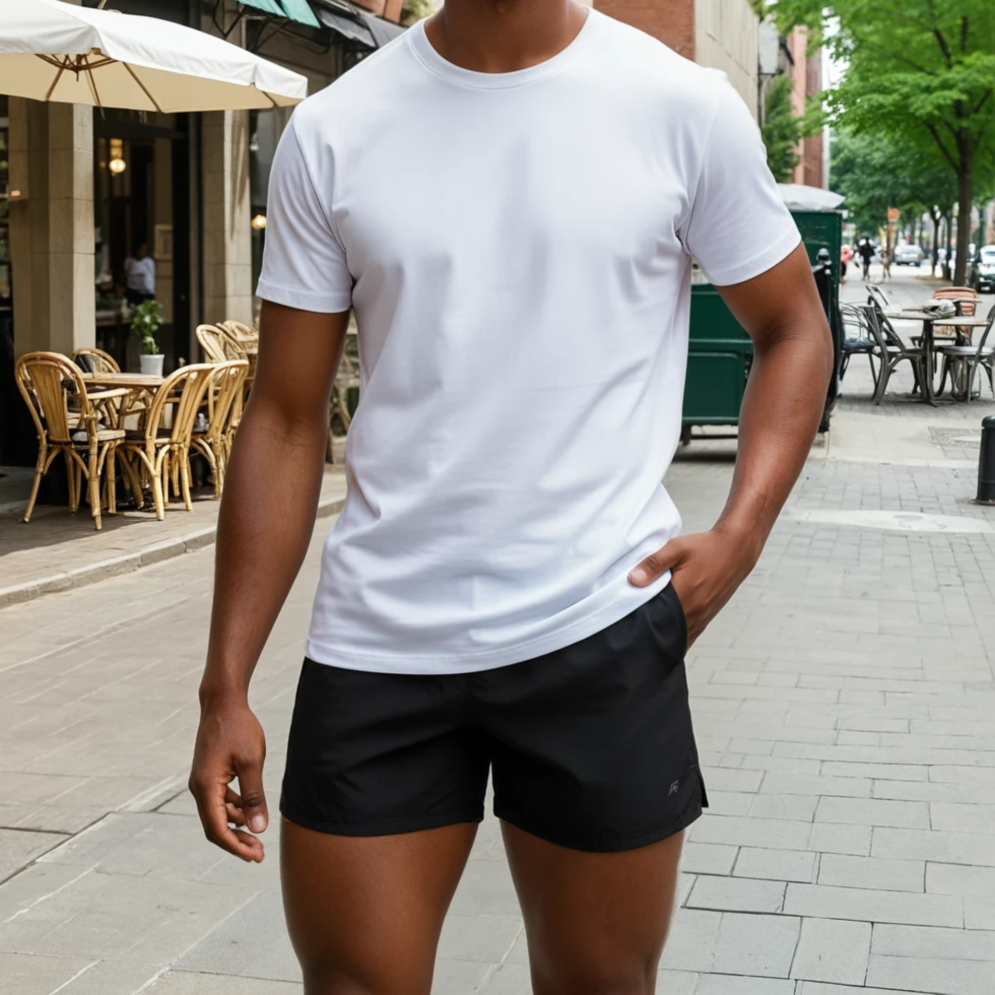 A man standing on a city street wearing the Apollo Shorts with a cafe in the background