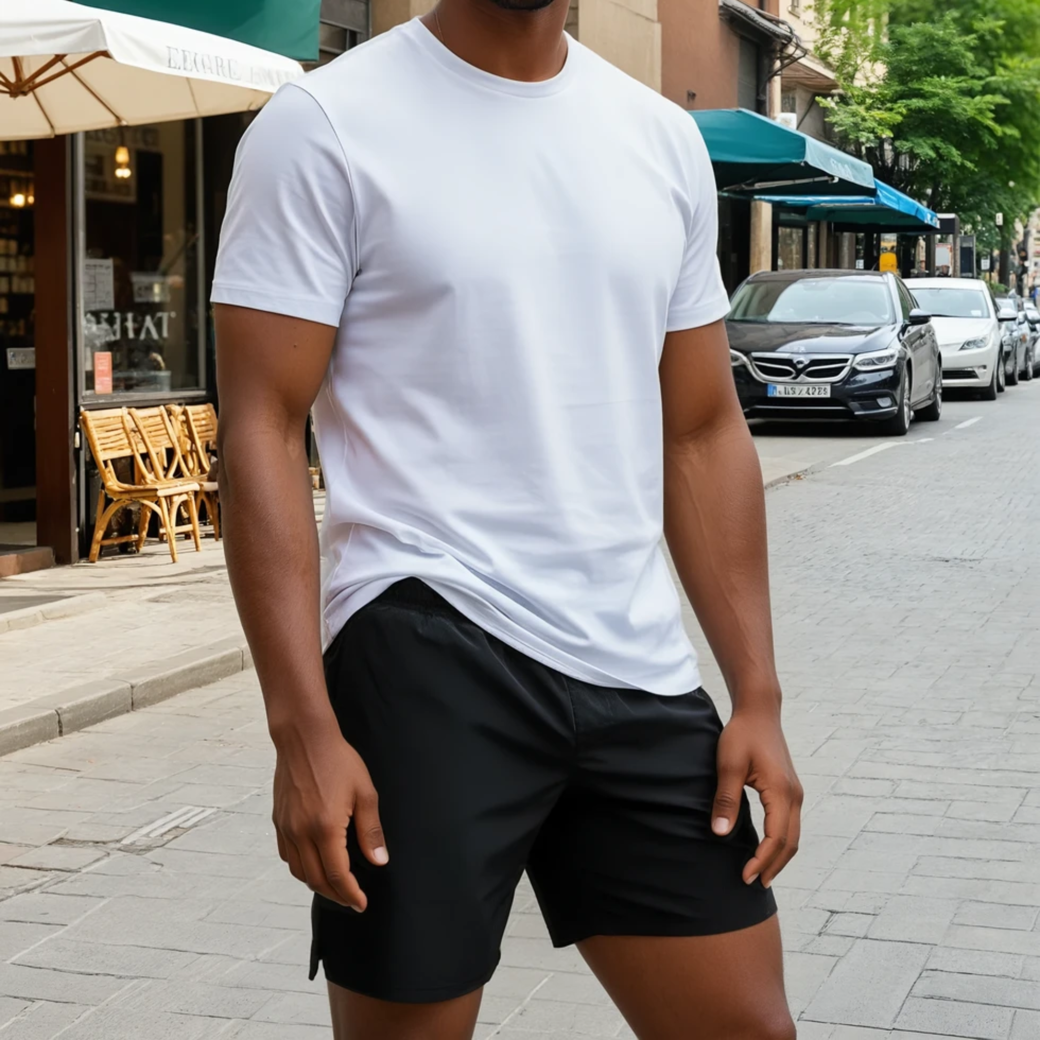 A man standing on a city street wearing the Apollo Shorts with a cafe in the background