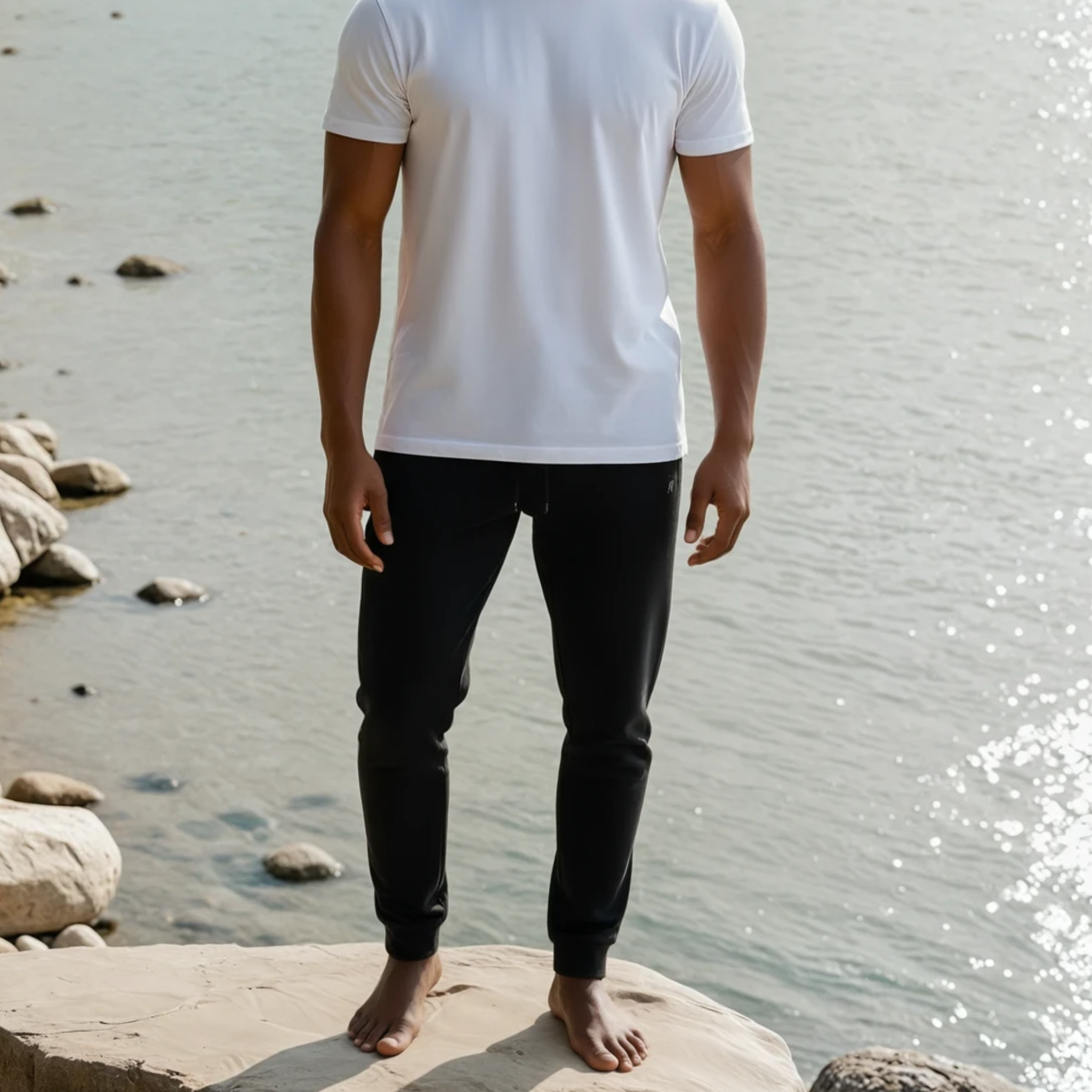 Man standing on a rocky beach wearing a white t-shirt and black Hermes Joggers.