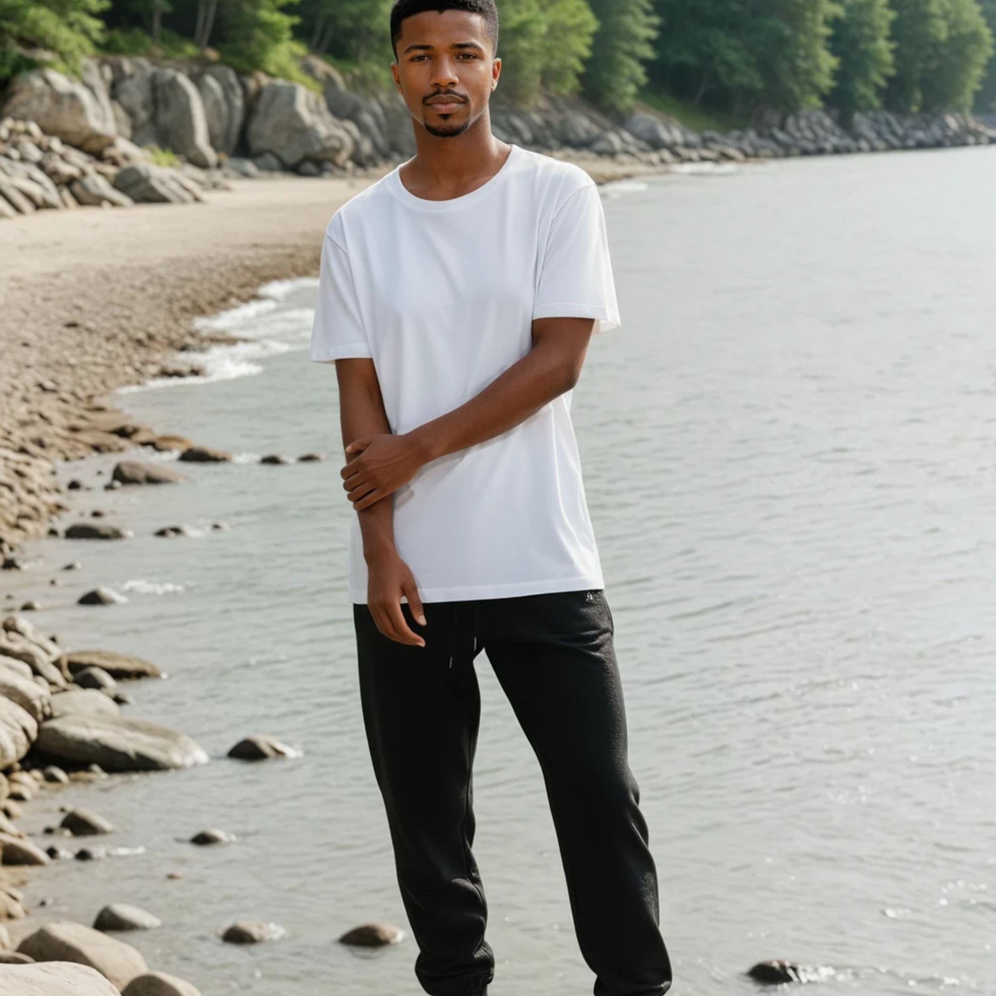 Man standing on a rocky beach wearing a white t-shirt and black Hermes Joggers.