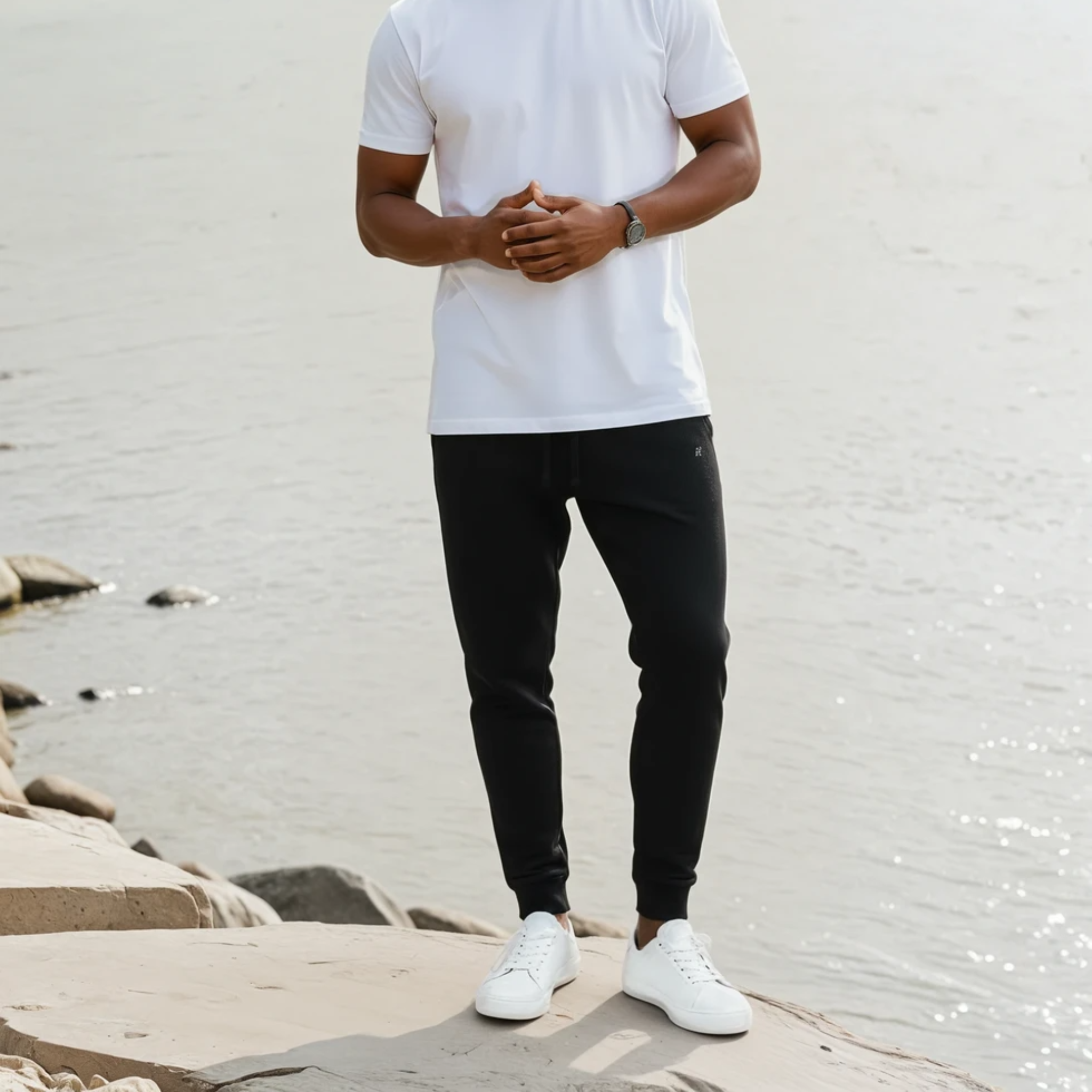 Man standing on a rocky beach wearing a white t-shirt and black Hermes Joggers.
