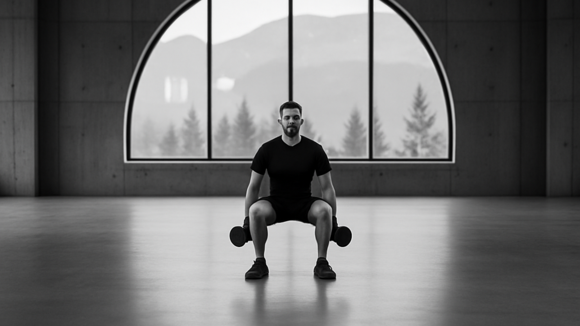 Atlas Forms main Picture man doing squats with dumbbells in a big room with a big window behind him