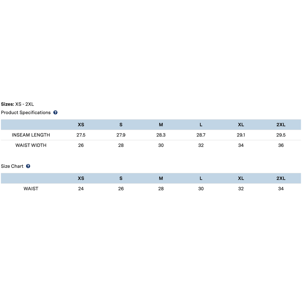 Product size chart with inseam length and waist width measurements for  The Harmonia Jogger