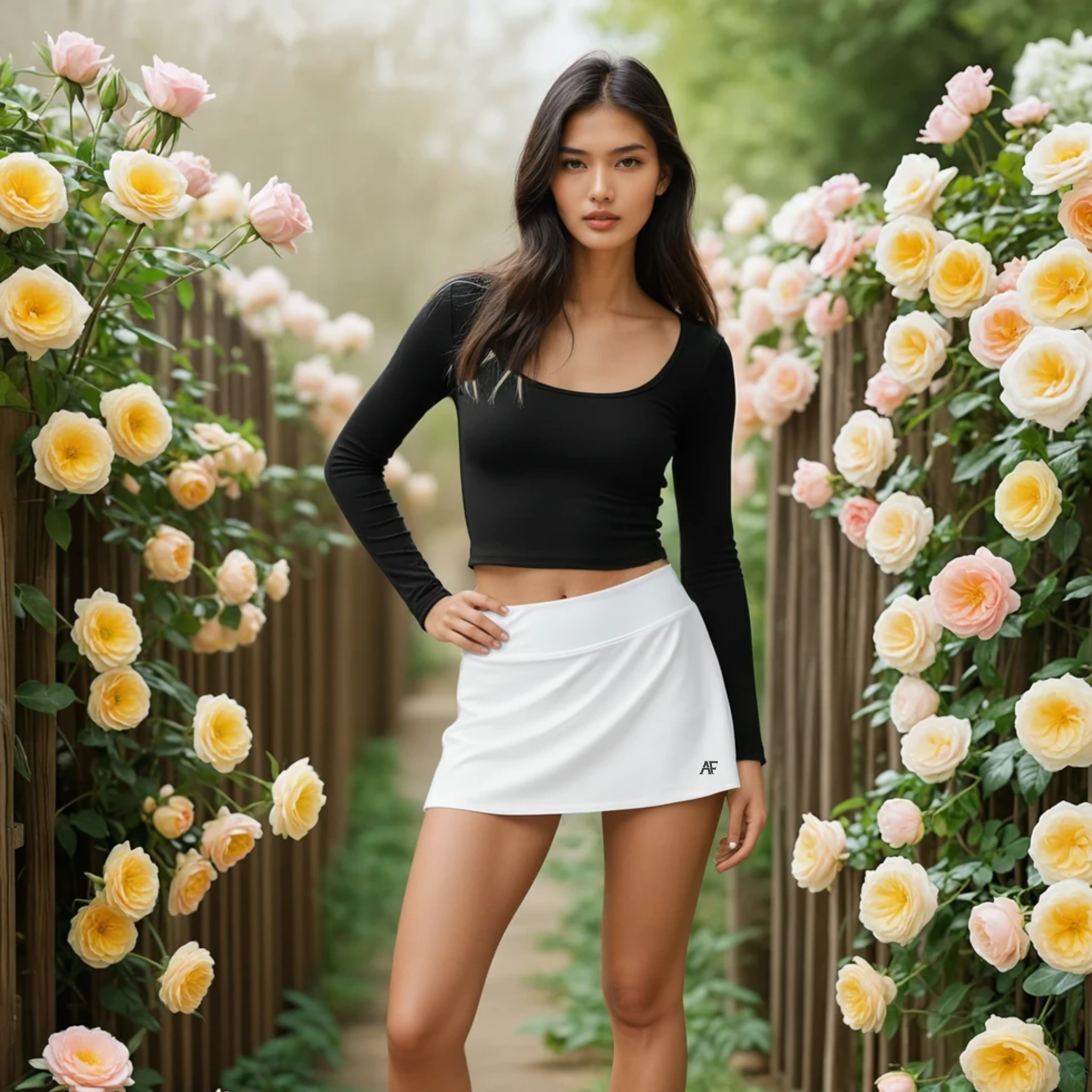 Woman in a black top and white Artemis Skort standing among flowers