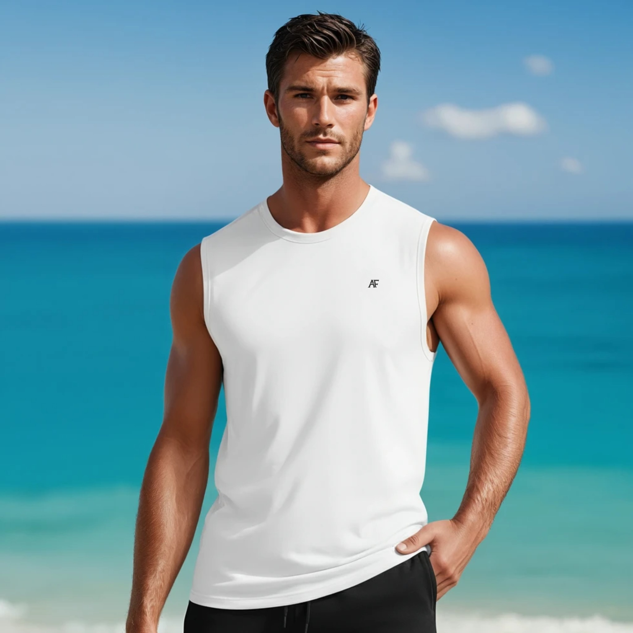 A man wearing a white Ares tank on a beach with clear blue water and sky.