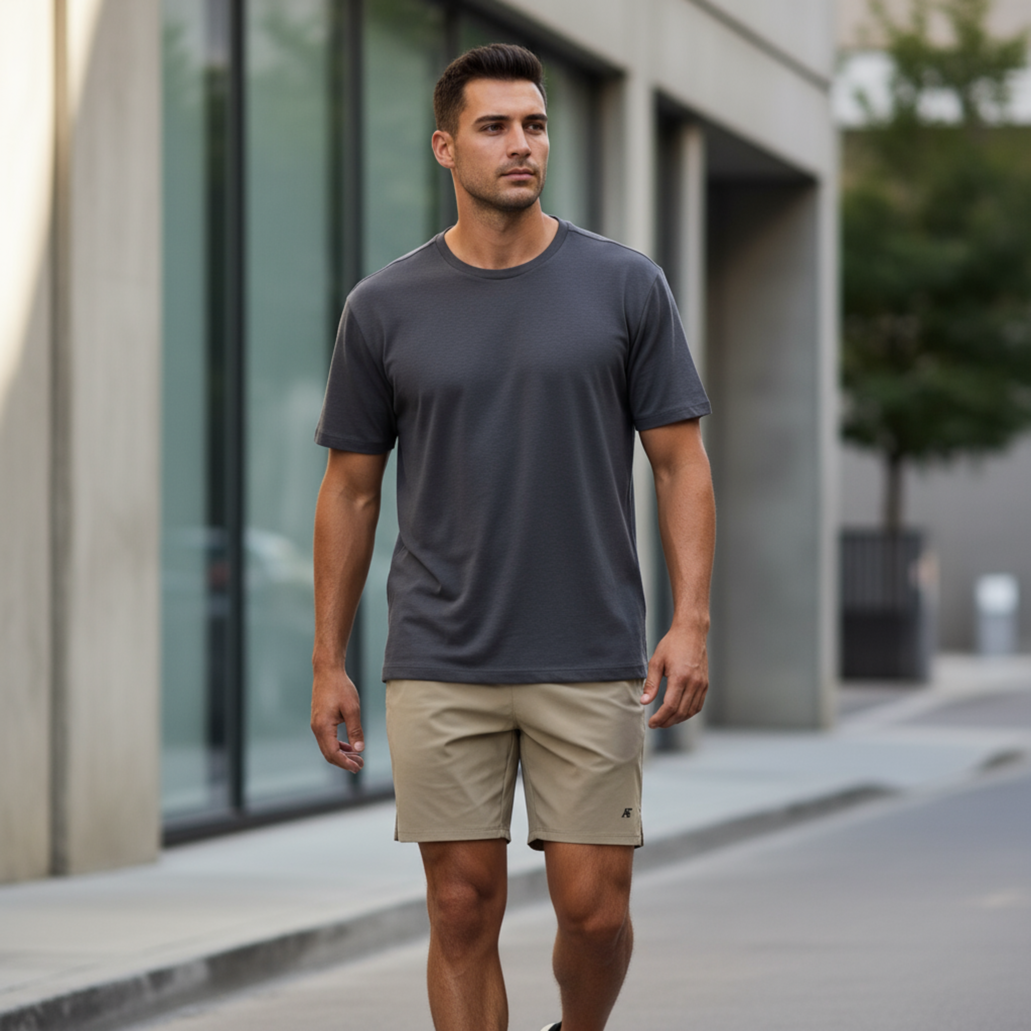 Atlas Form The Apollo Short in Sports Khaki, minimalist men’s athletic training shorts with black AF logo near the hem, worn in a modern gym or street setting with focus on the shorts.
