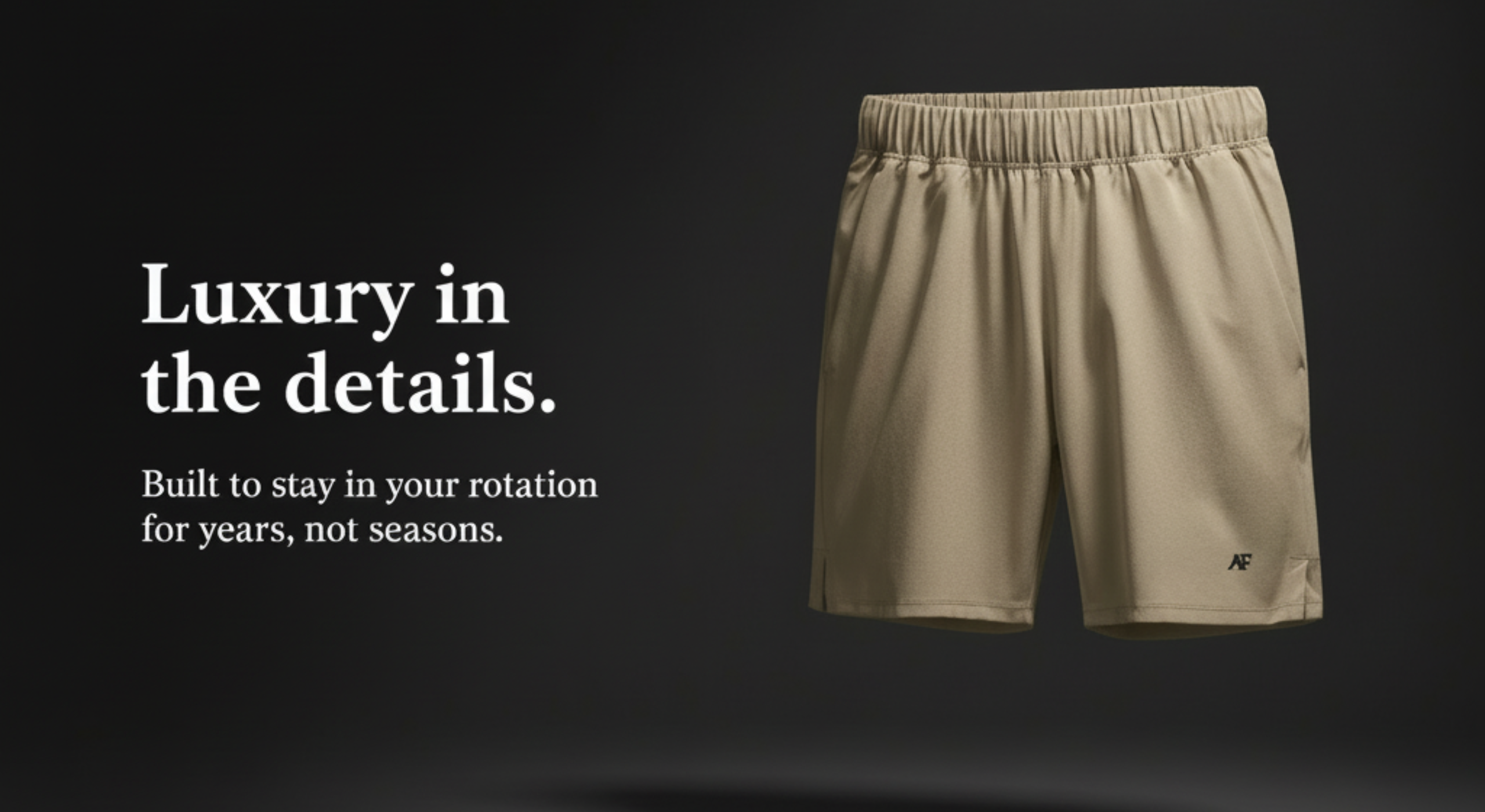 Sport Khaki Apollo shorts with an atlas form logo on a black background and text about durability.