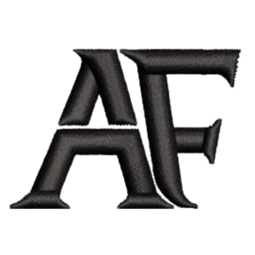 Black embroidered letters 'AF' on a white background
