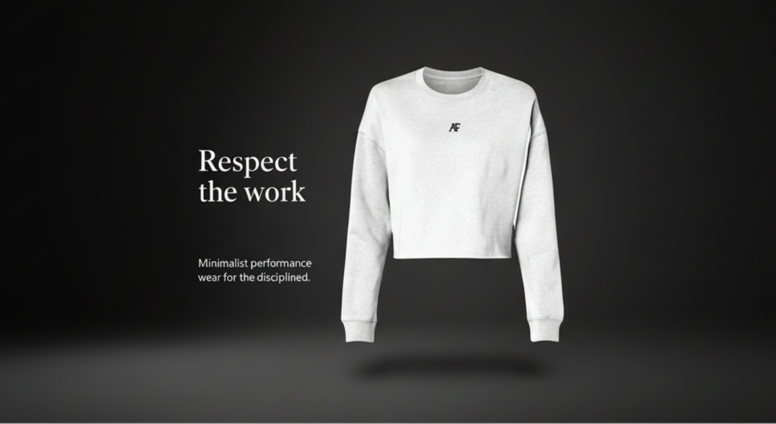 White hebe crop with an atlas form logo on a black background, featuring text about minimalist performance wear.